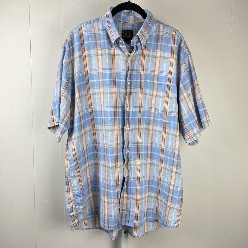 Jos A Bank Button Up Shirt Mens Large‎ Blue Orange Plaid 100% Linen Short Sleeve